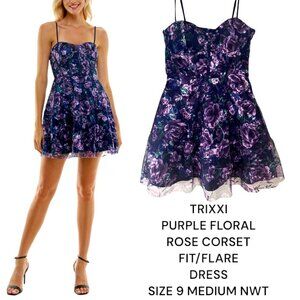 TRIXXI PURPLE FLORAL CORSET MESH FIT FLARE PARTY DRESS SZ. 9 MEDIUM NWT